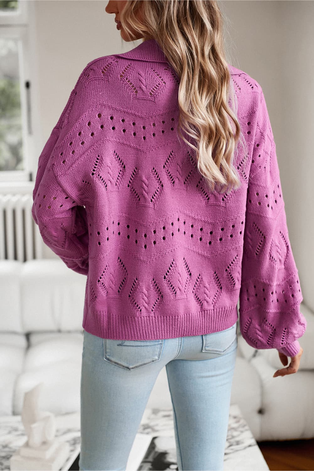 Openwork Long Sleeve Notched Neck Sweater