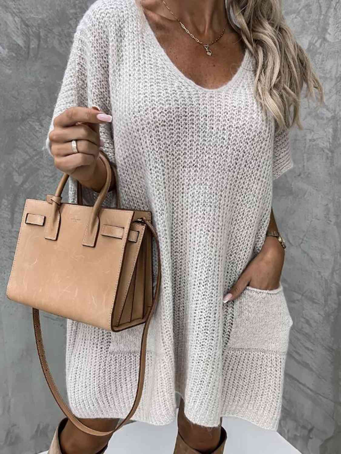 Short Sleeve Sweater Dress with Pockets