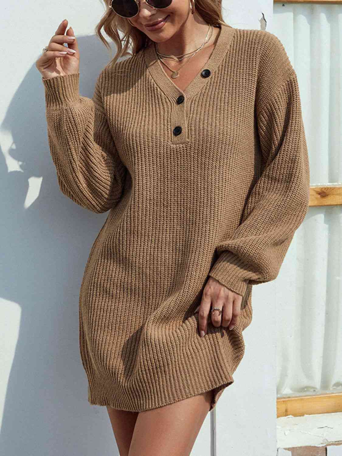 Buttoned V-Neck Sweater Dress