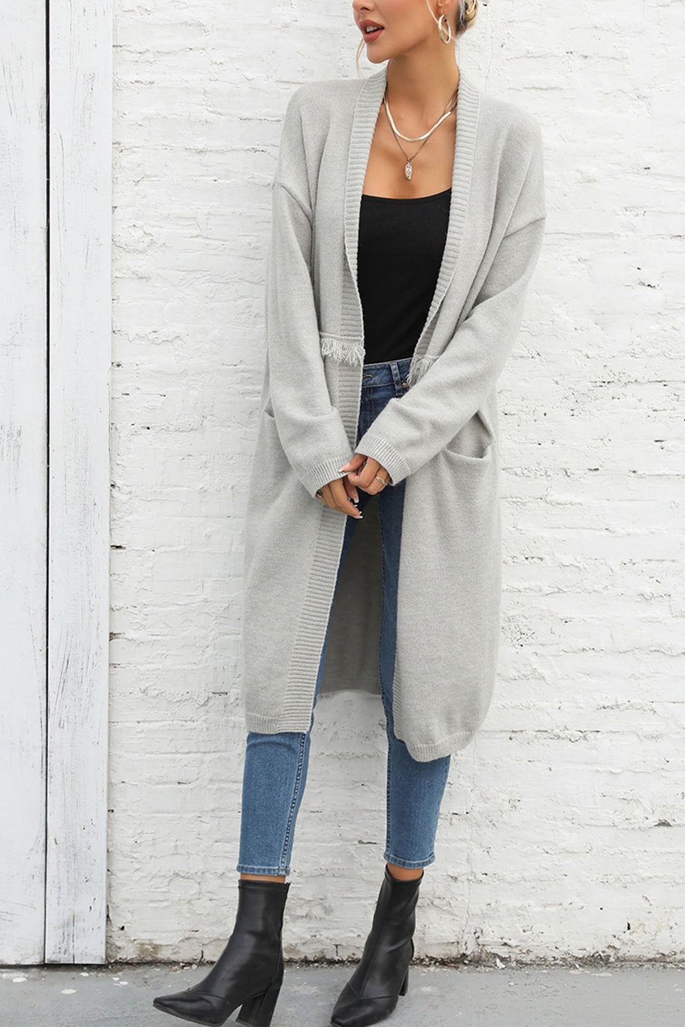 Open Front Pocketed Cardigan