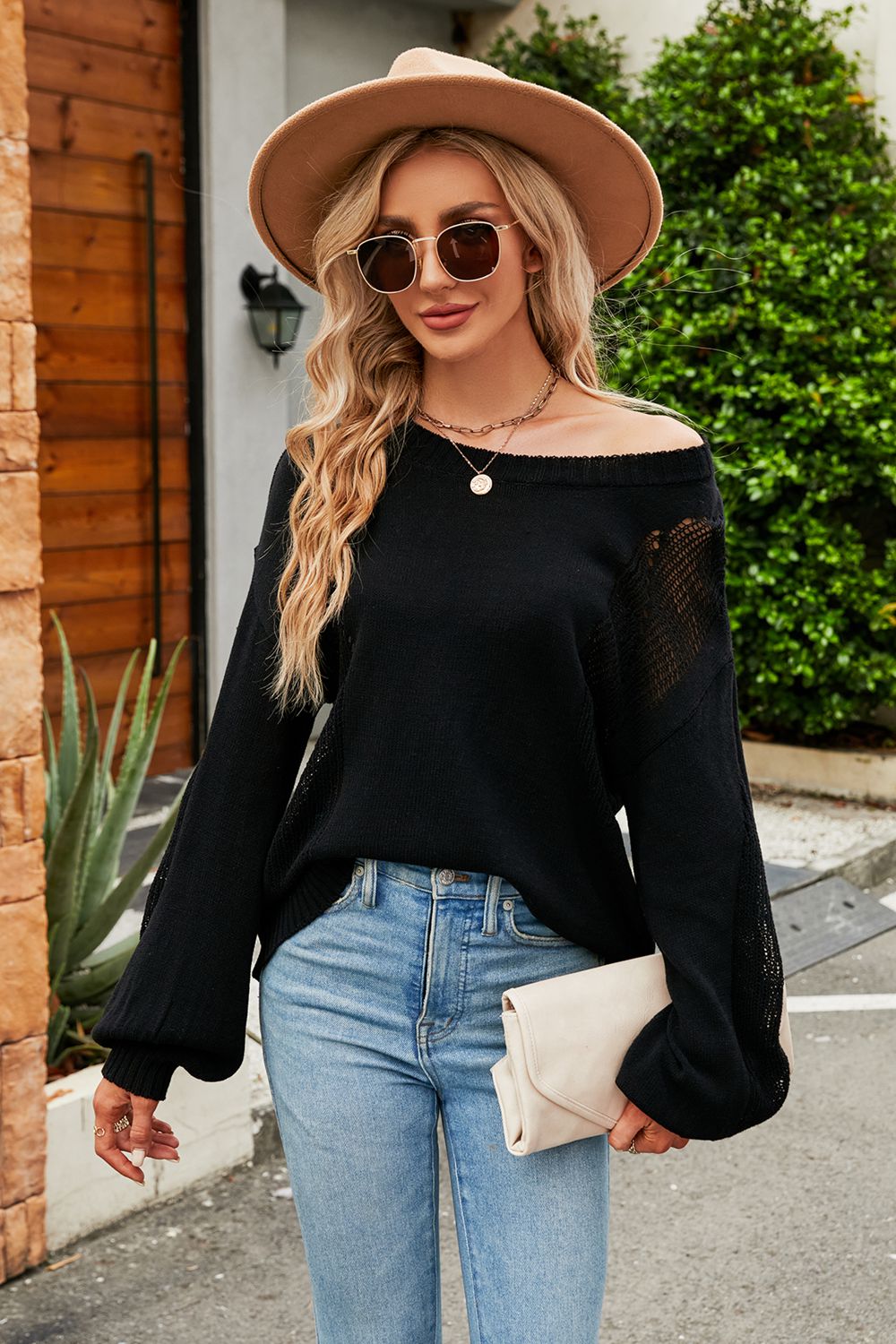 Openwork Round Neck Dropped Shoulder Knit Top